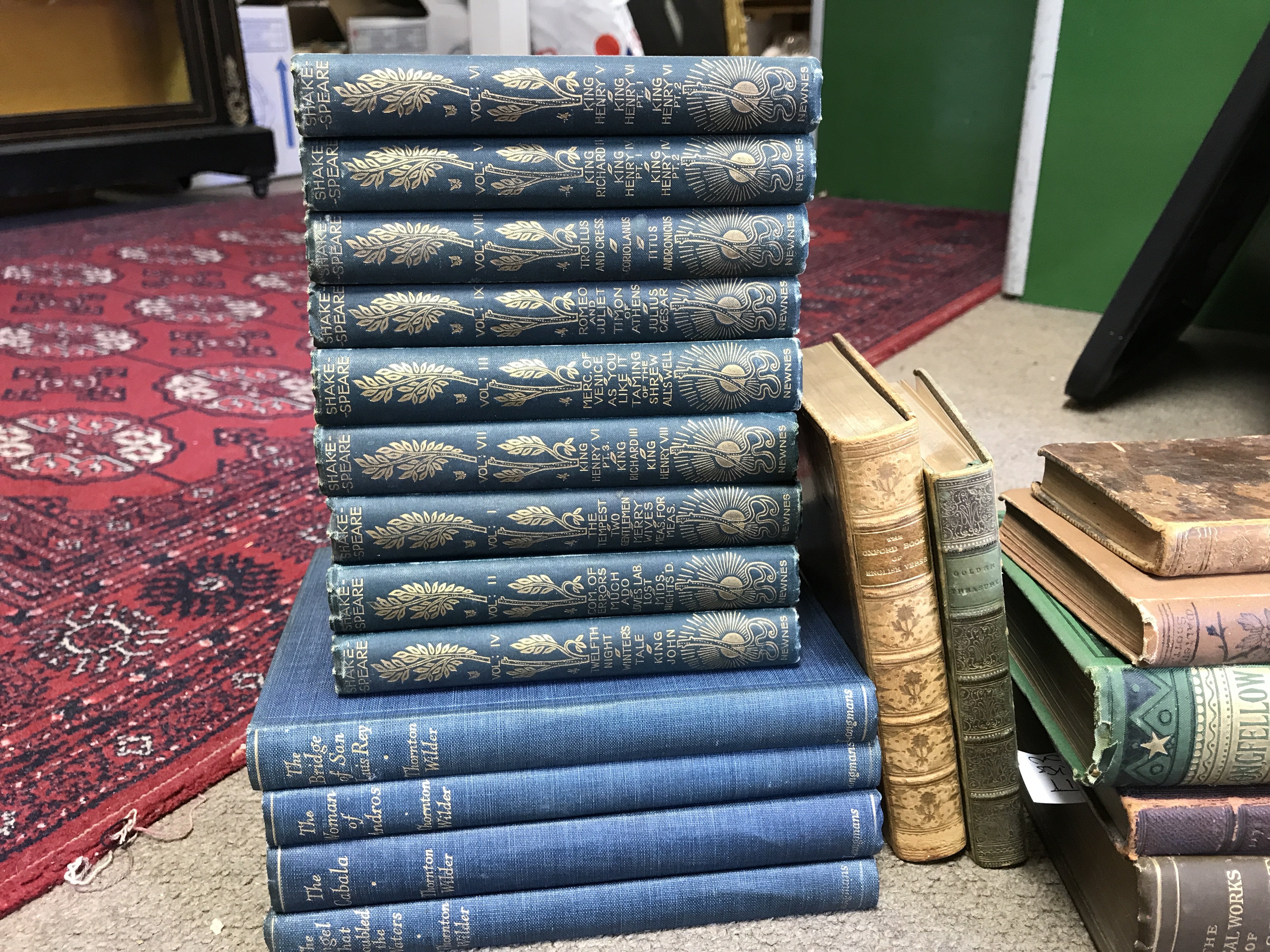 A collection of books including the works of Shakespeare volumes by George Newnes, Thornton Wilder books The Bridge of San Luis Rey, The Woman of Andros, The Cabala, The Angel that troubled the waters, Oxford book of English verse 1250-1900 Arthur Quiller Couch 1926, Poetical works of Abraham Crowley vol 1 1784, The Canterbury poets 1890, poetical works of Henry Wadsworth Longfellow 1880, Lays of Ancient Rome 1850, poetical works of Sir Walter Scott, Playbox annuals. Postage cat C