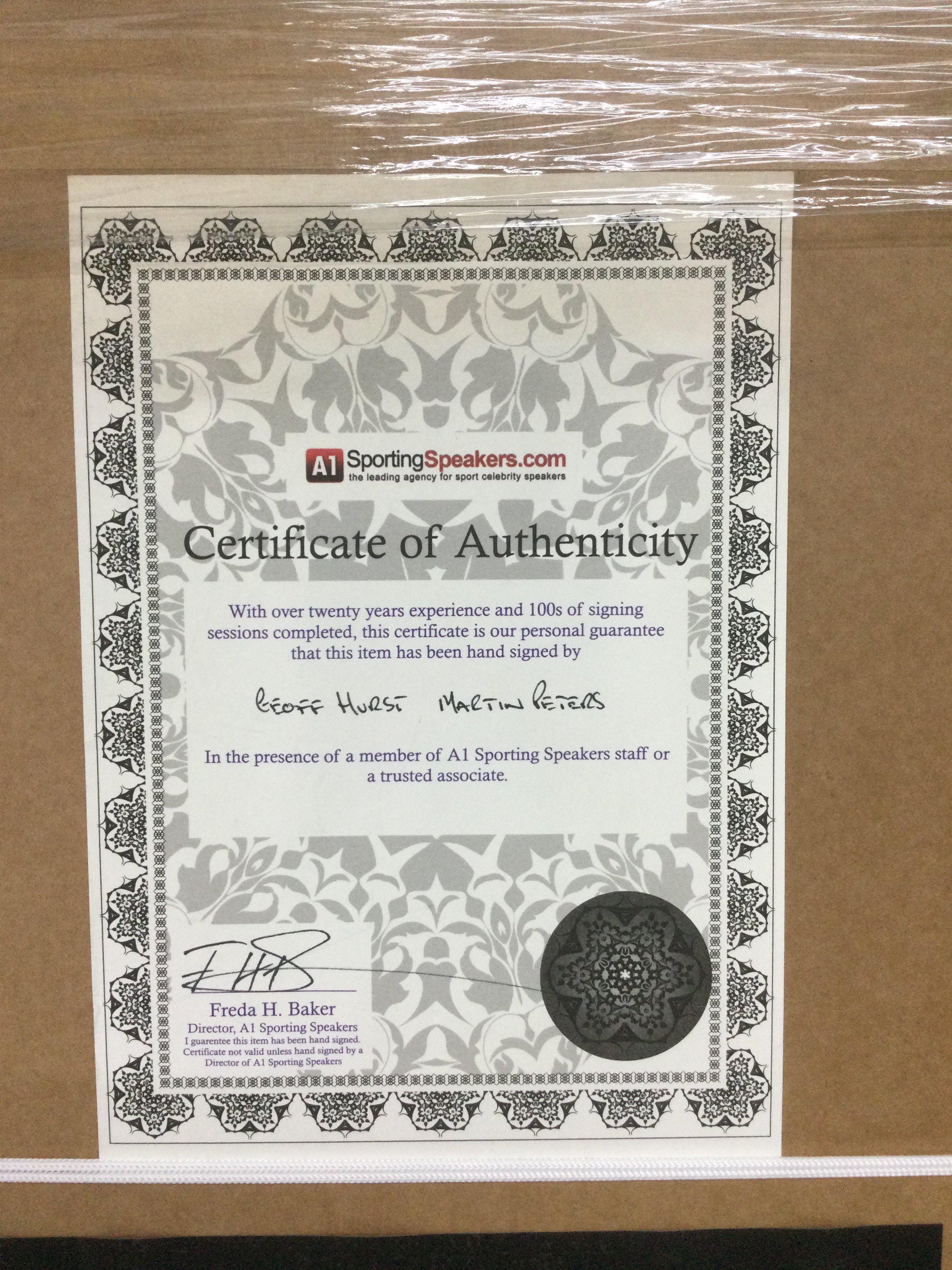 A framed and glazed limited edition 1966 England World Cup montage signed by goalscorers Geoff Hurst and Martin Peters, approx 69cm x 90cm. Comes with COA. Shipping category D.