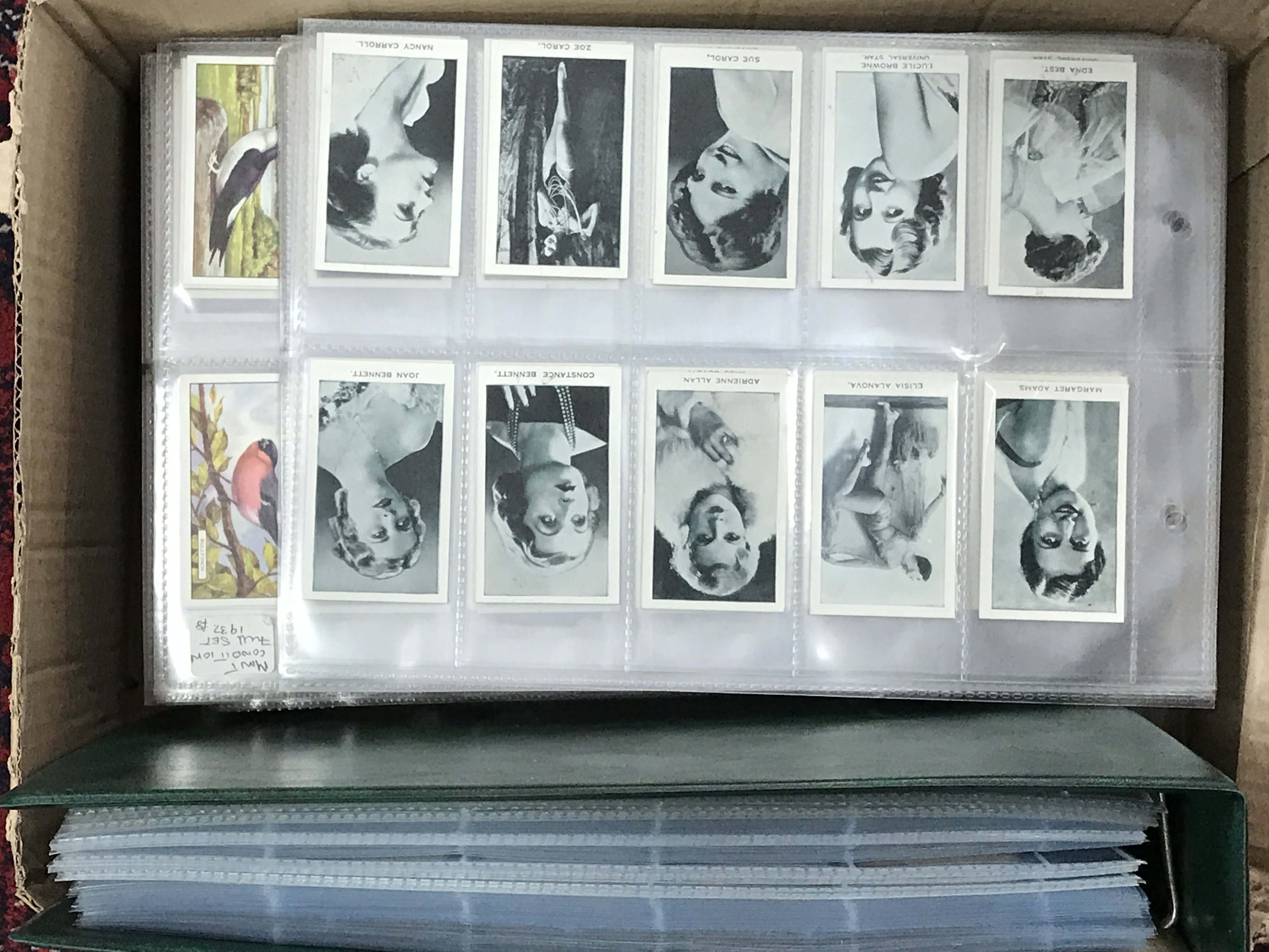 Box of cigarette cards in sets in sleeves and albums mixed sets and odds part sets .postage category B
