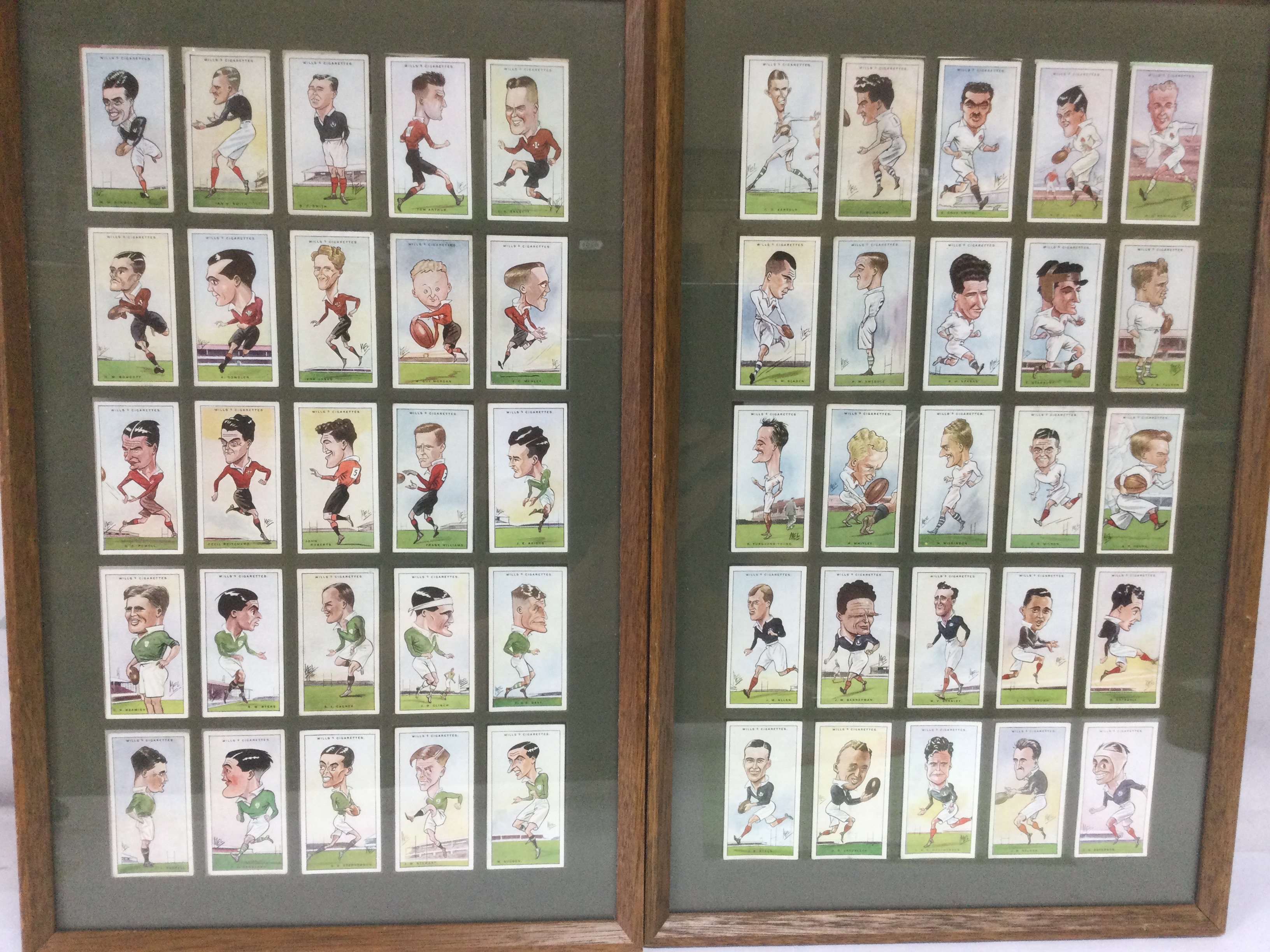 Two framed and glazed Wills cigarette card sets comprising rugby and cricket players.