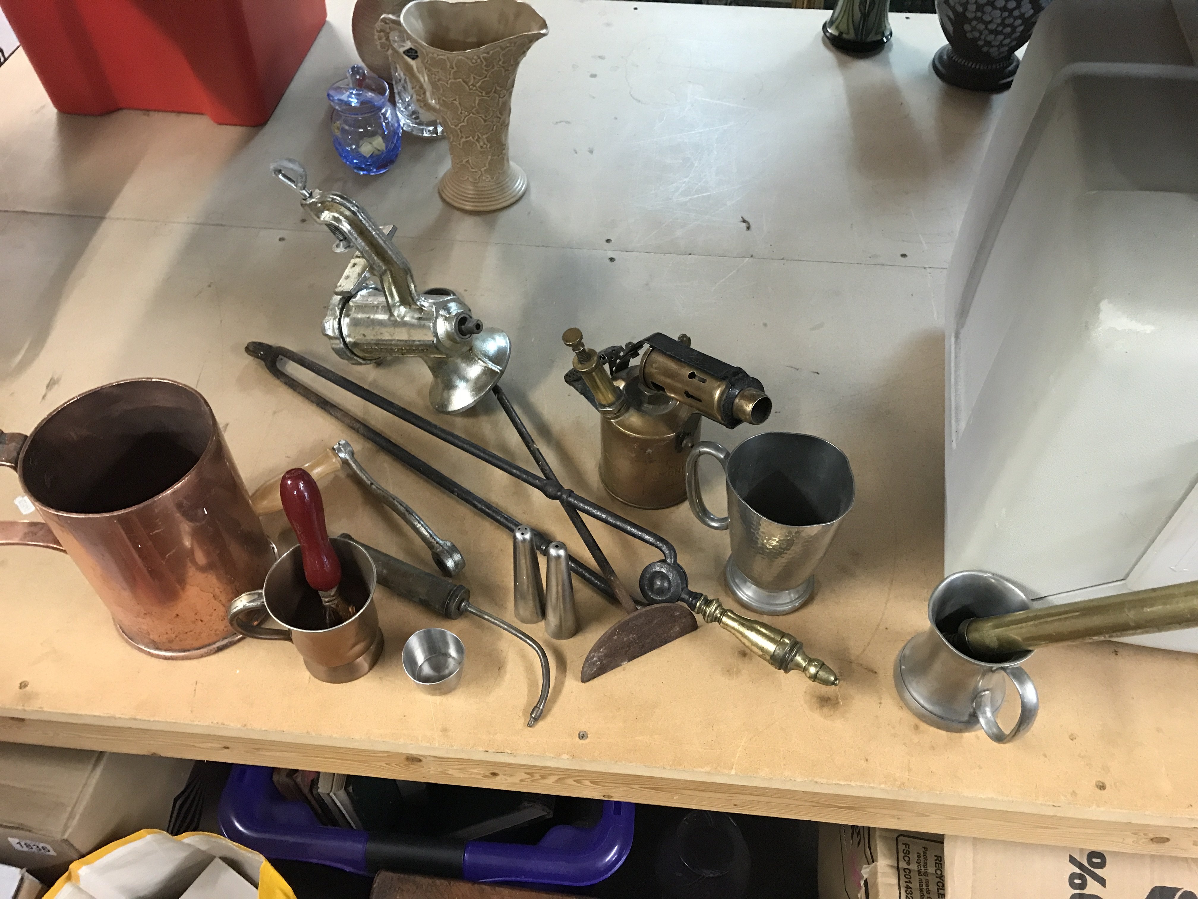 A large copper mug , hunting horn , porkert machine and other brass etc . This lot cannot be posted- NO RESERVE