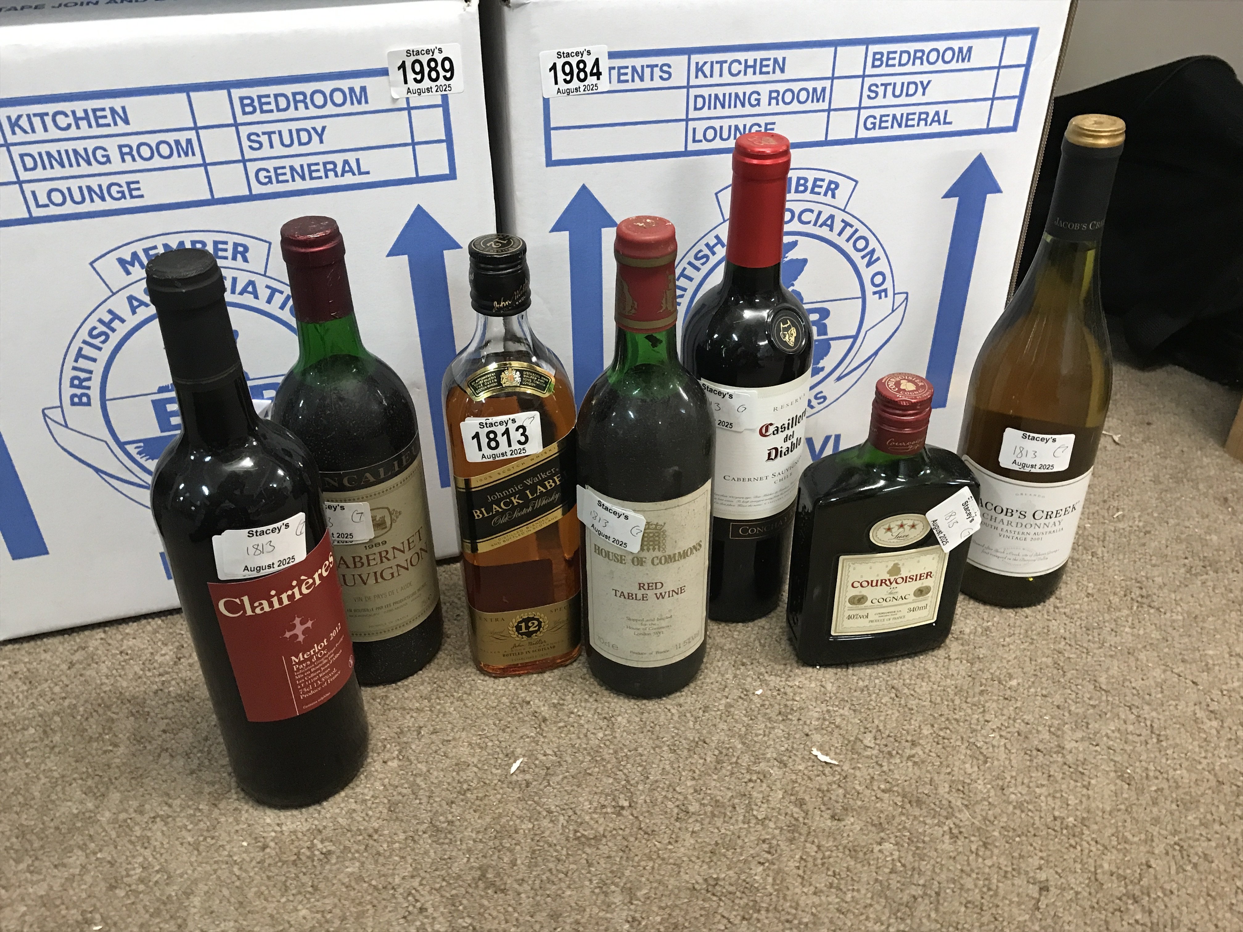 Boxed Jonnie Walker black label, Jacob Creek, Sauvignon 1989, House of Commons Red, Clairieres, Courvoisier Cognac. This lot cannot be posted
