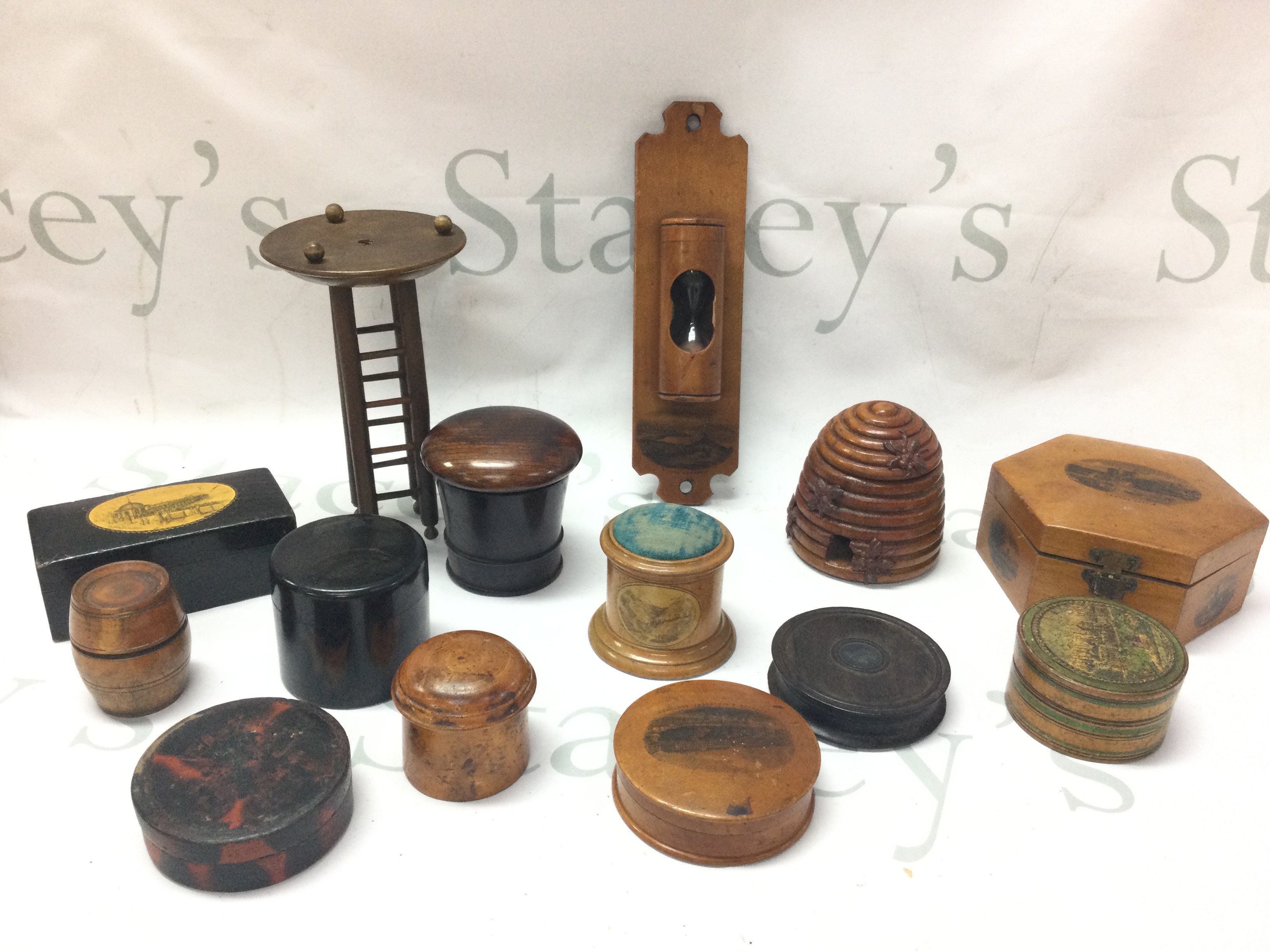 19th century treen Including trinket boxes , needle cushion, hourglass, etc . Postage category B
