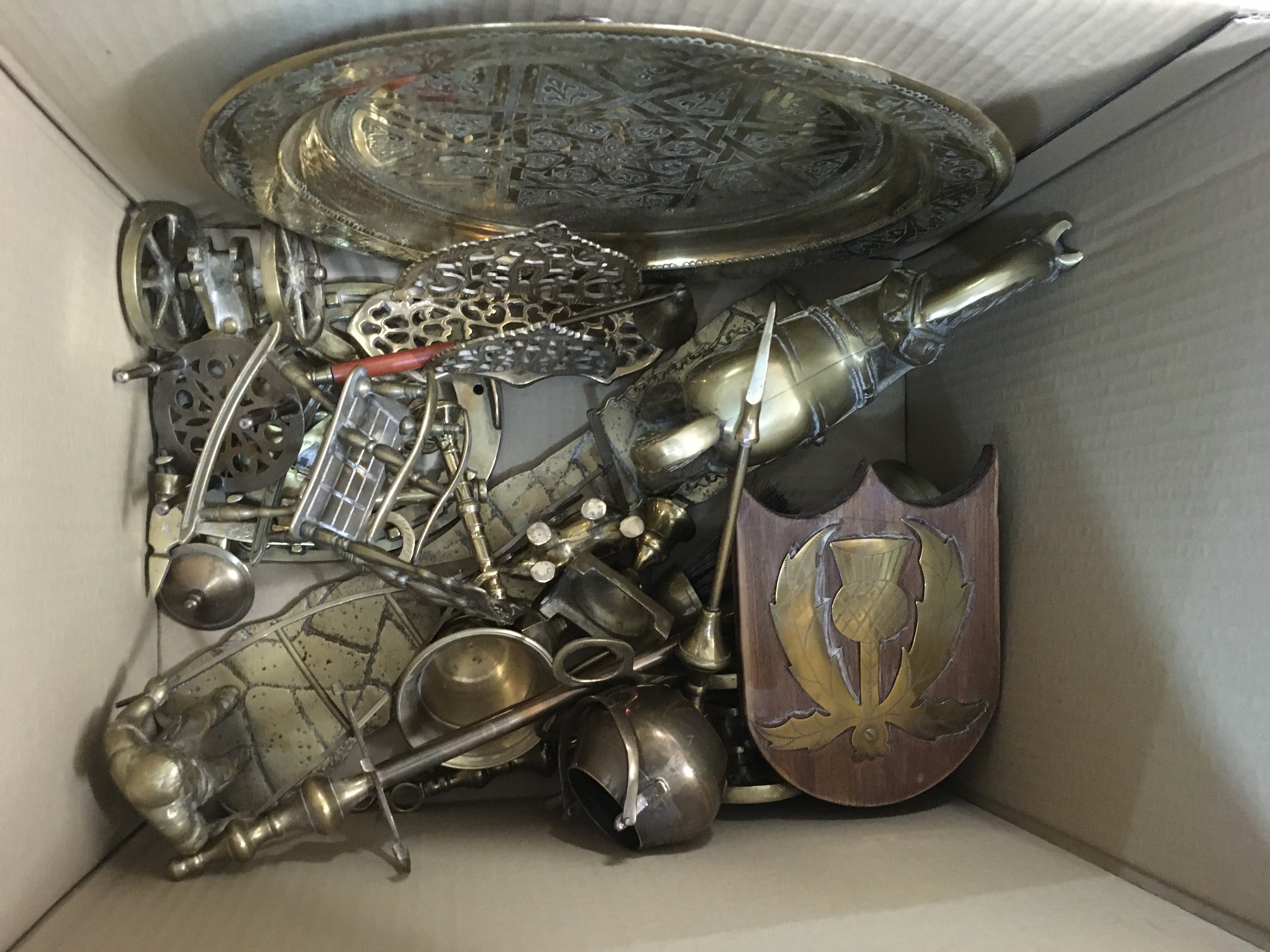 Two boxes containing a collection of brass ware various