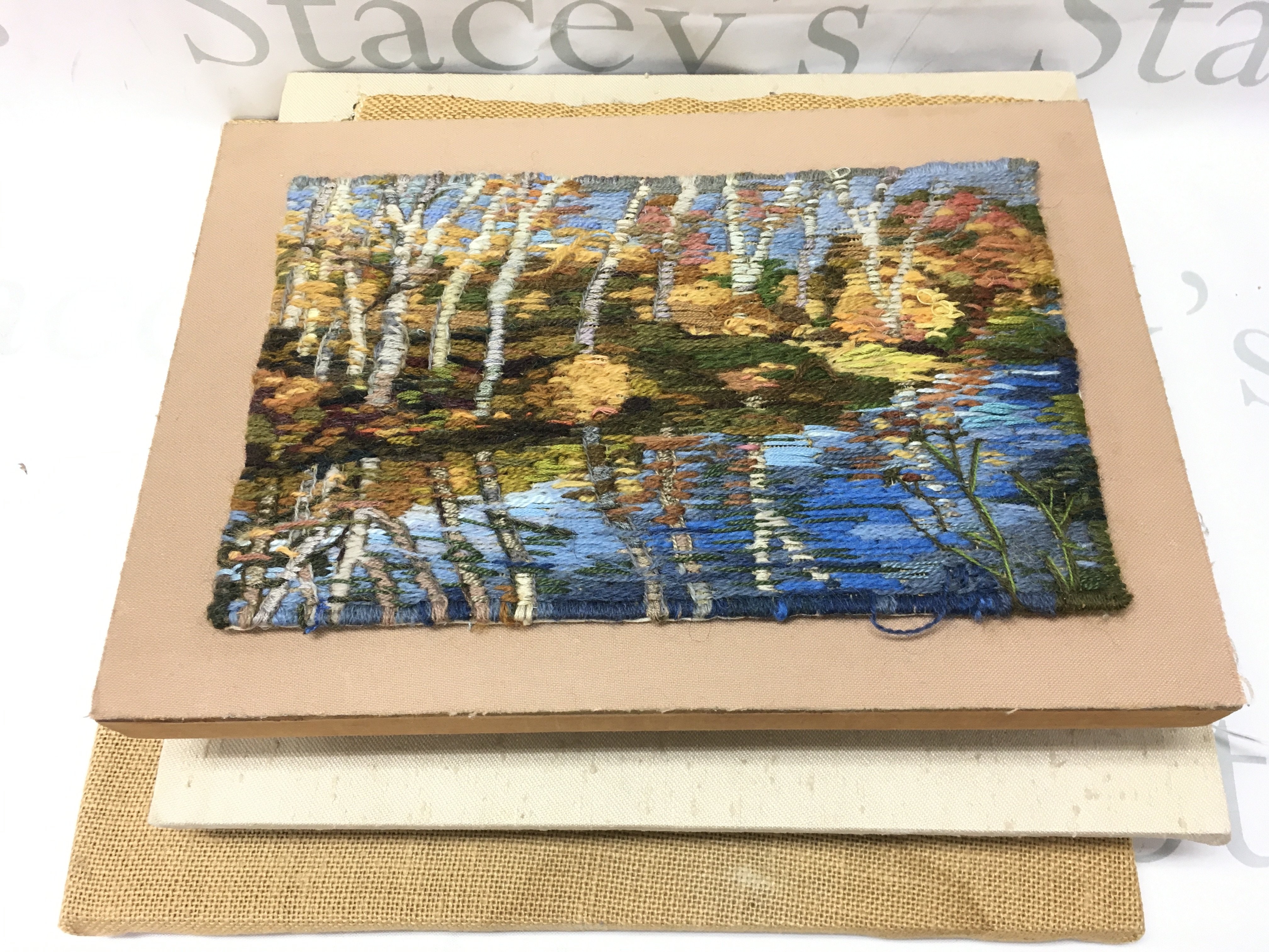 Five Miriam Sacks (1922-2004) unframed small tapestries . Dimensions ranging from 21.5x18cm and 33x35cm. Postage category C