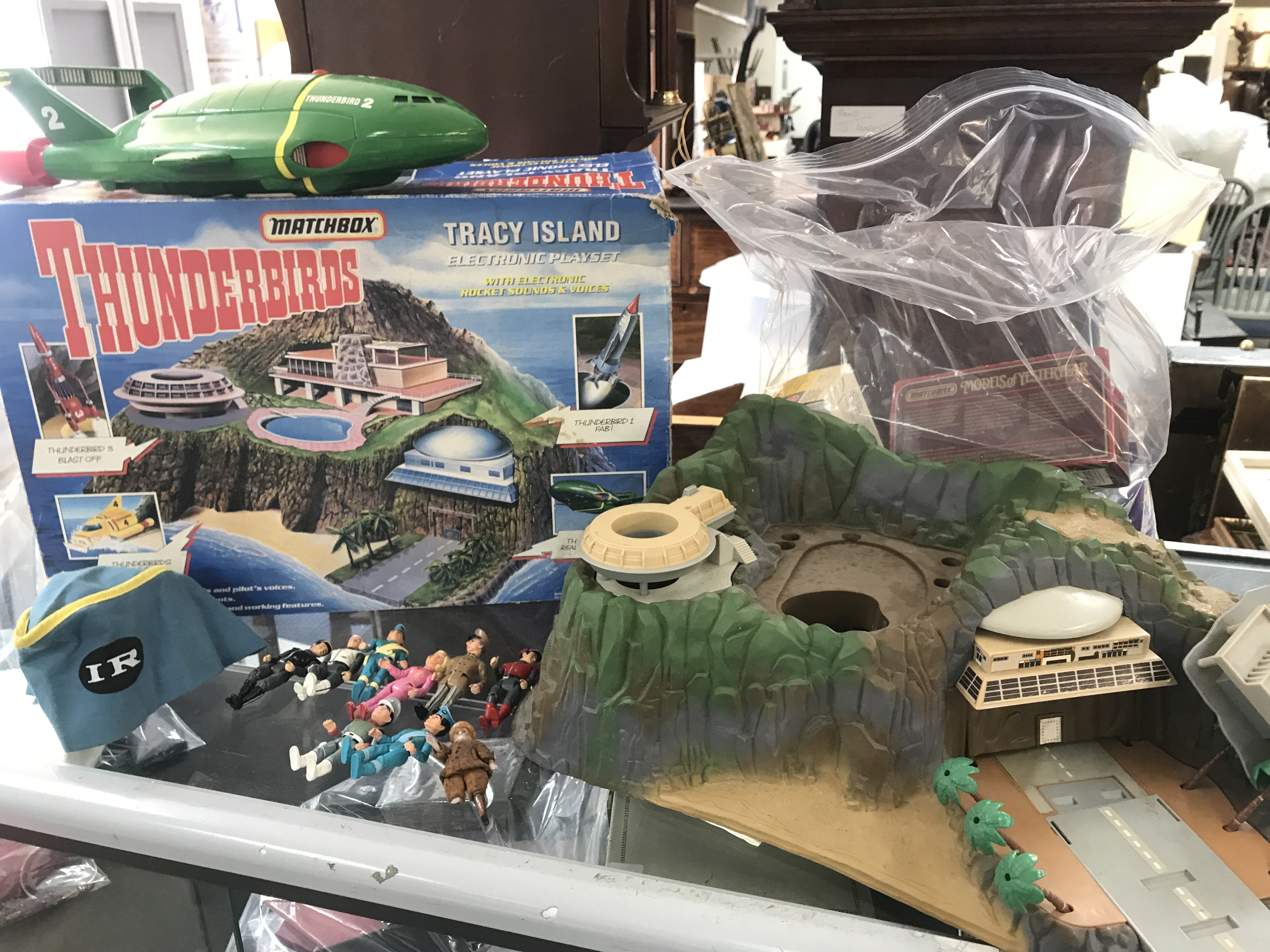 Vintage boxed Thunderbirds Tracey island play set with figures and hat, thunderbird 2 ship, corgi Ford popular, matchbox sea kings k302 corvette etc