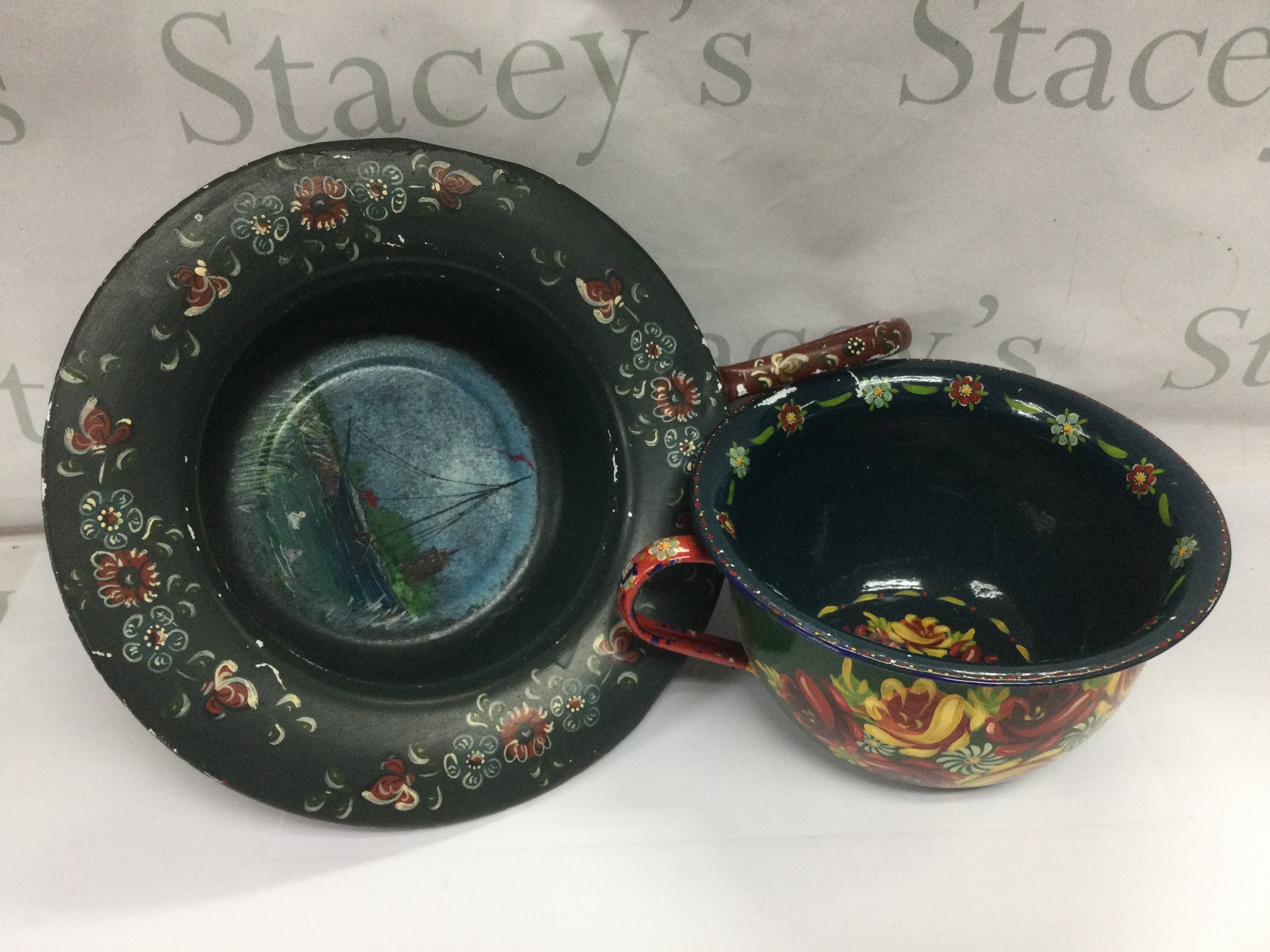 Two painted barge ware pots, silver plated ice bucket, brass bell etc. Shipping category D.