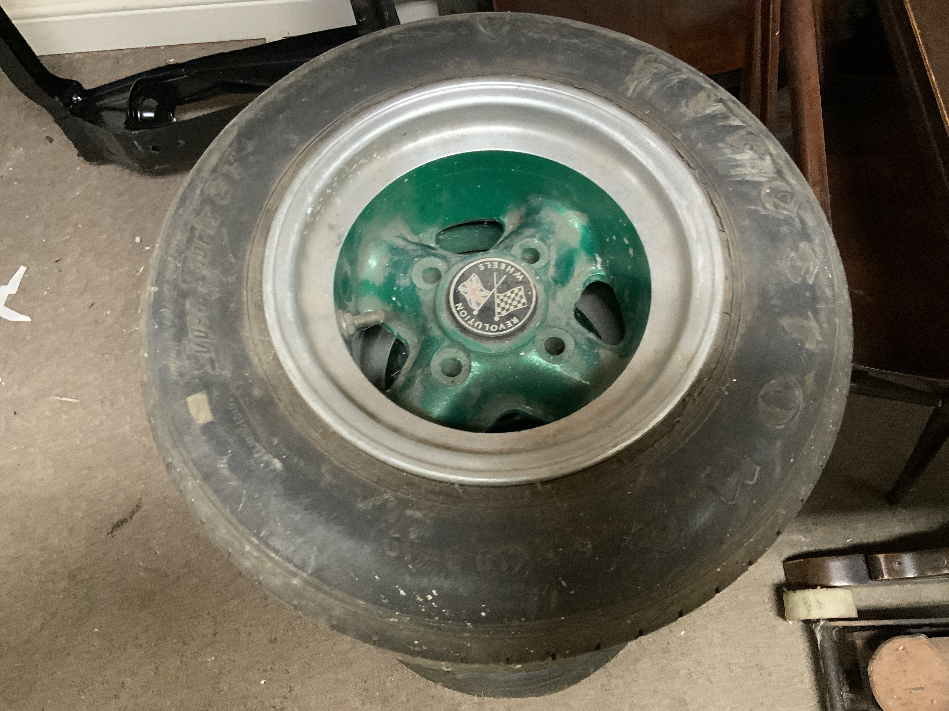 Vintage Mini Cooper parts. 5 Revolution Alloy wheels 28cm Diameter (currently with Firestone tyres). (No reserve)