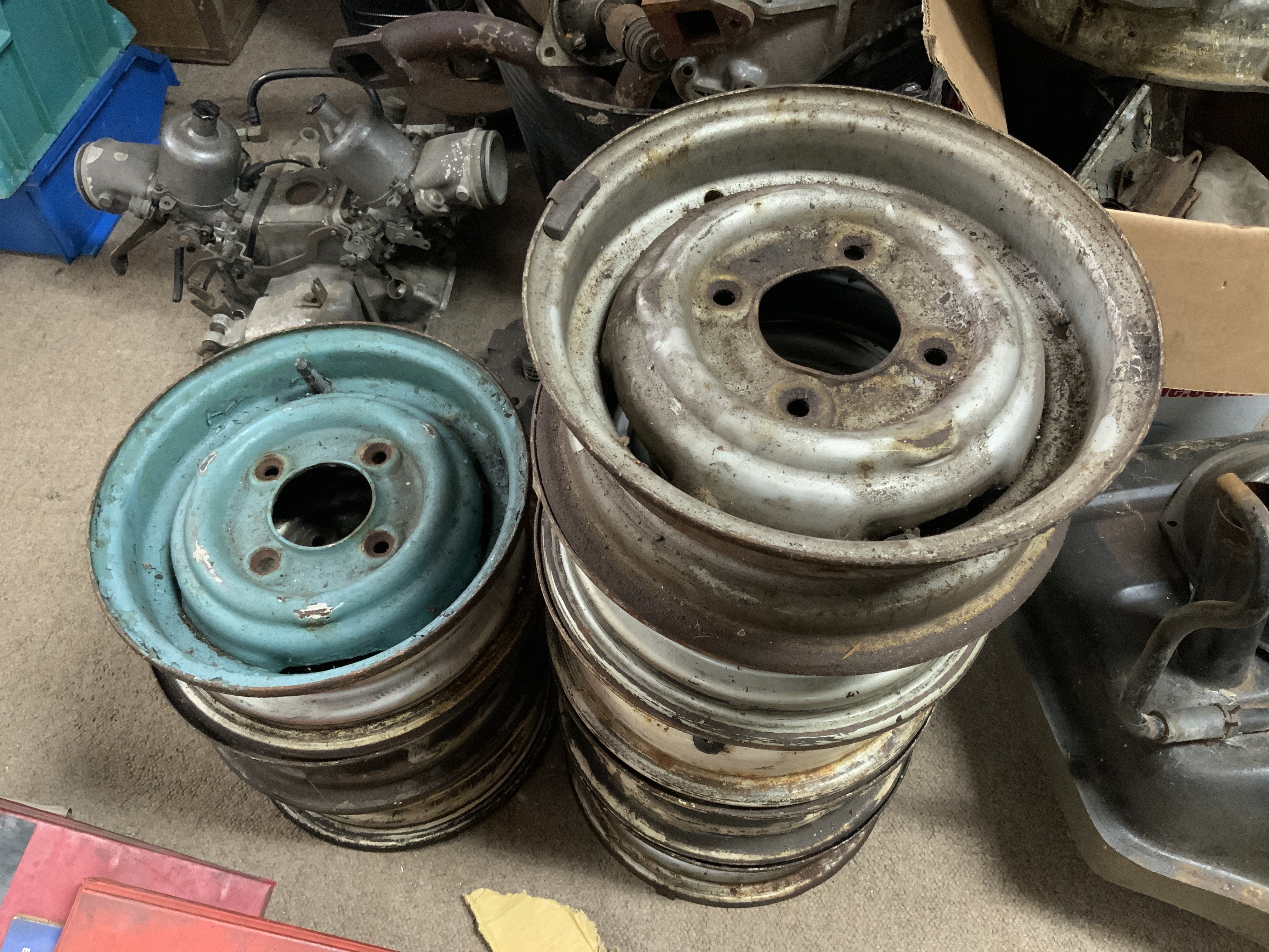 Vintage Mini Cooper parts. 8 mixed steel wheels. 28cm Diameter.
