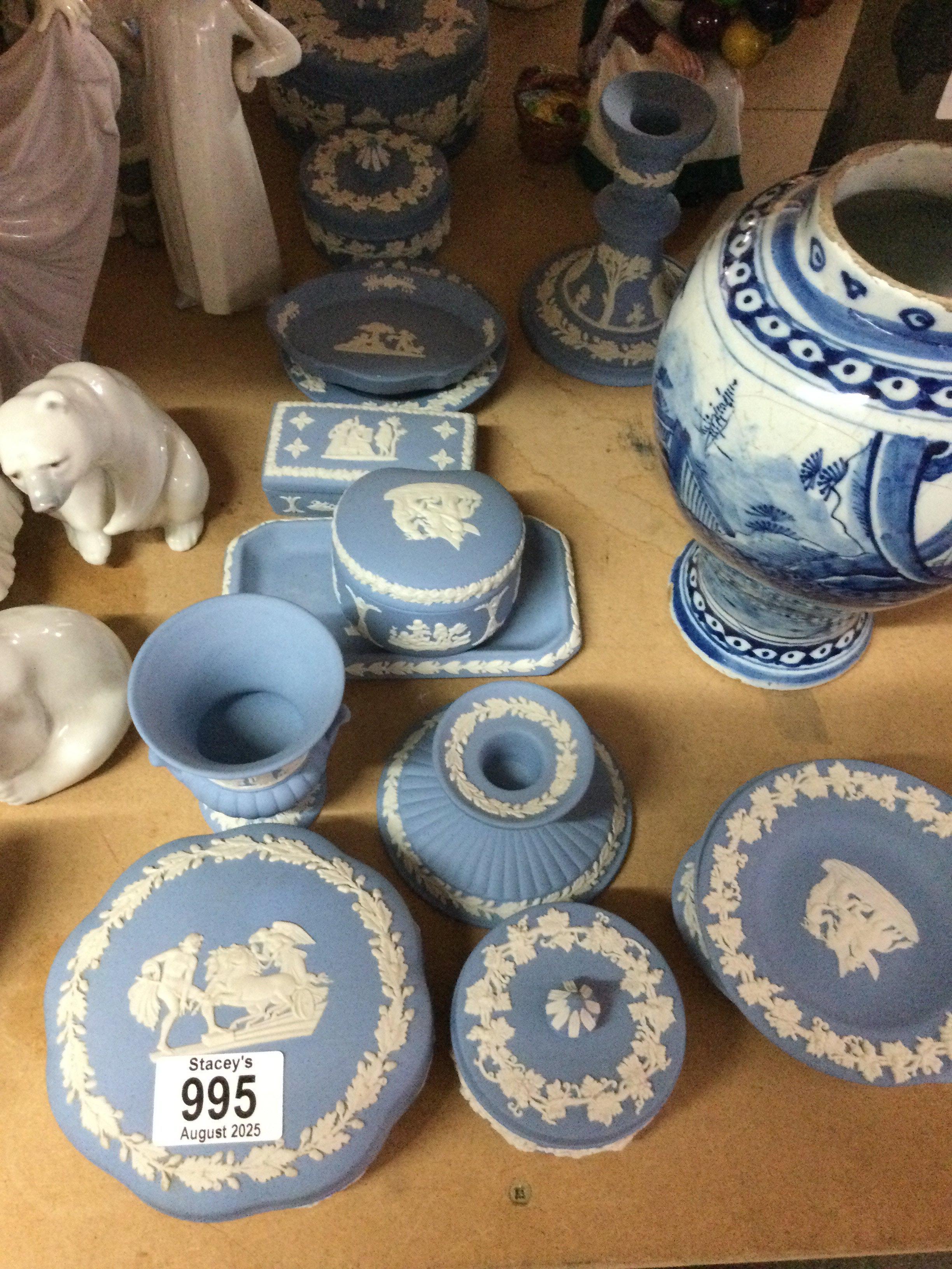 A collection of Wedgwood blue jasper ware .