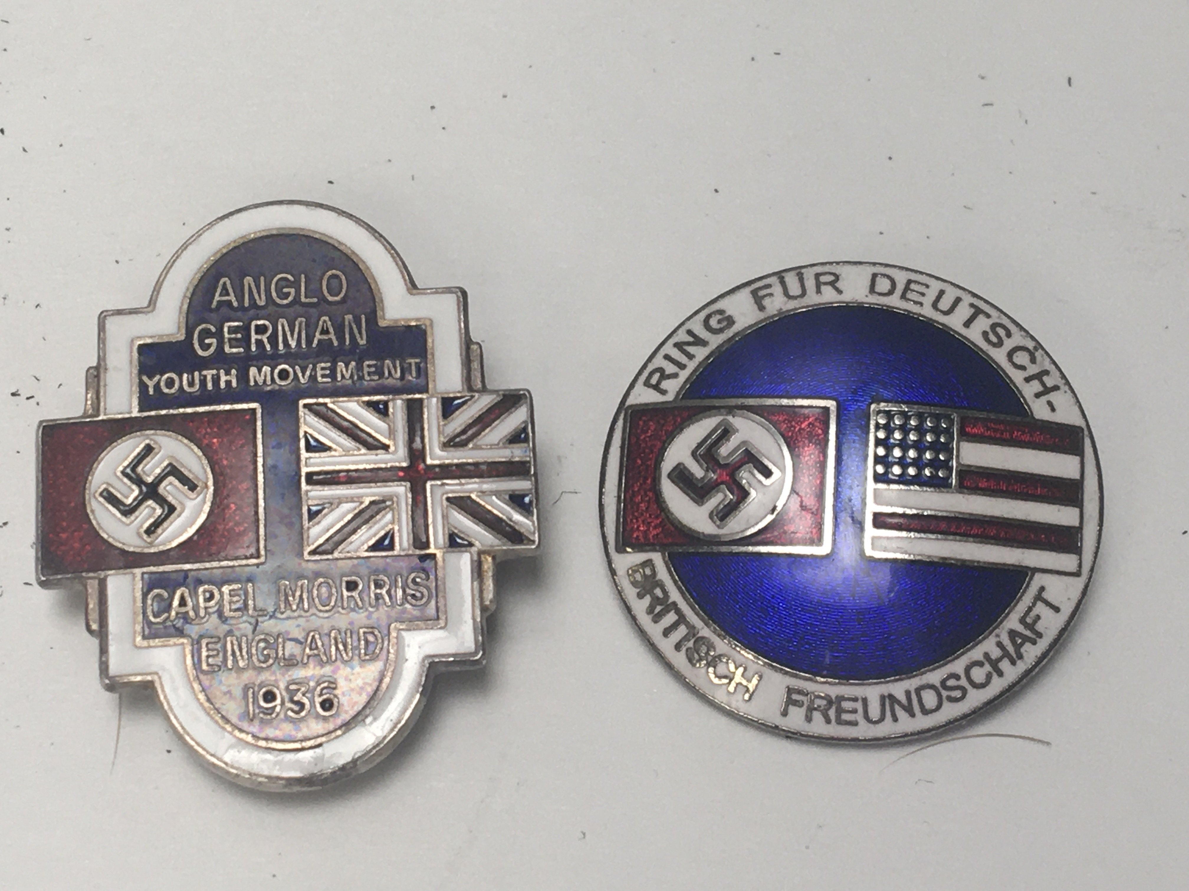 A German 1936 Anglo German Youth Movement badge Capel Morris the reverse with makers stamp Thomas Fattorini and an unusual German friendship badge with American flag makers stamp Deschier & Sohn (2)