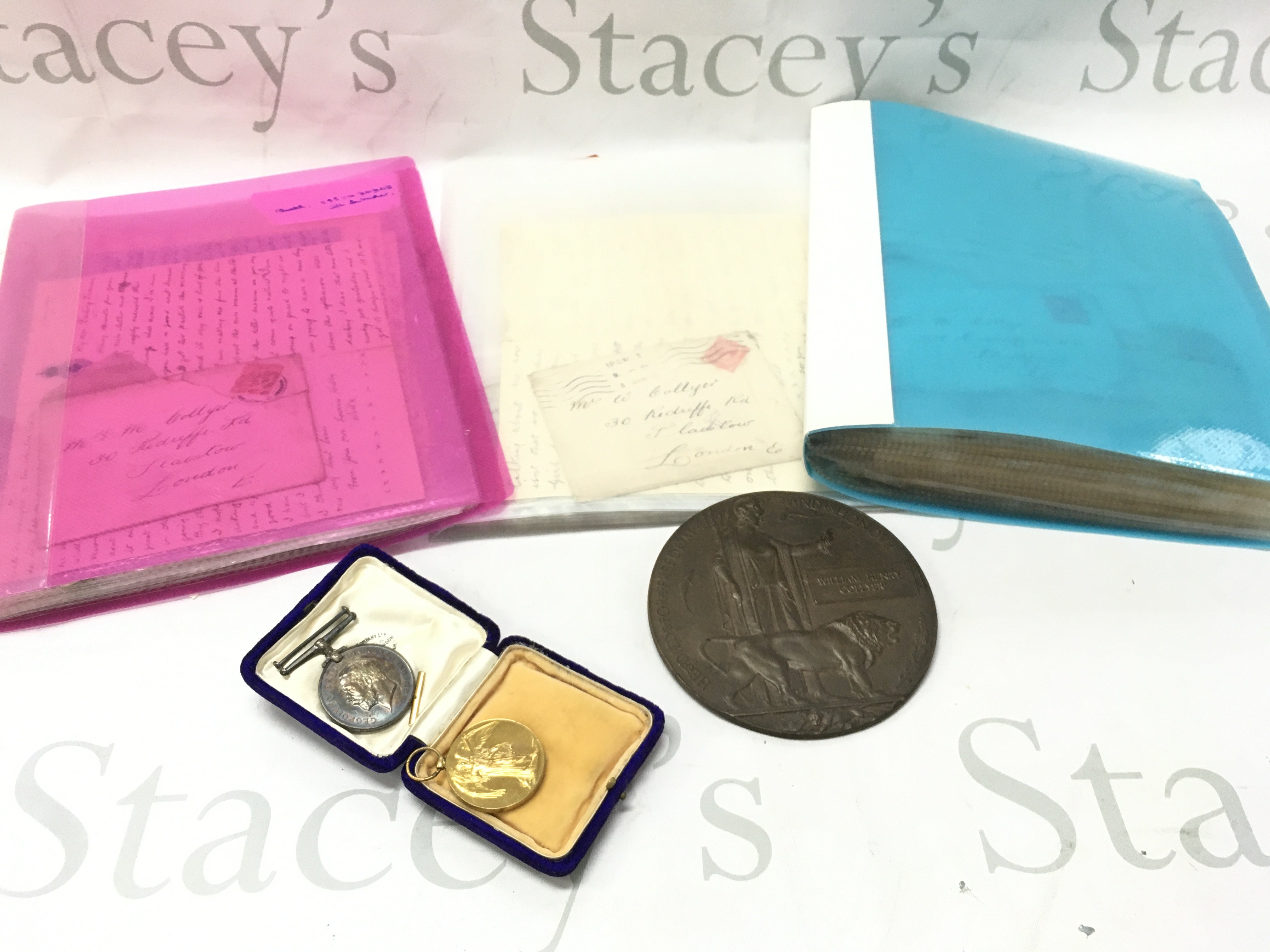 WW1 death Penny dedicated to William Henry Collyer, war and victory medals both inscribed 4958 SJT.W.H.COLLYER.4-LOND.R , and a large collection of correspondence of postcards and letters sent from Collyer to his wife